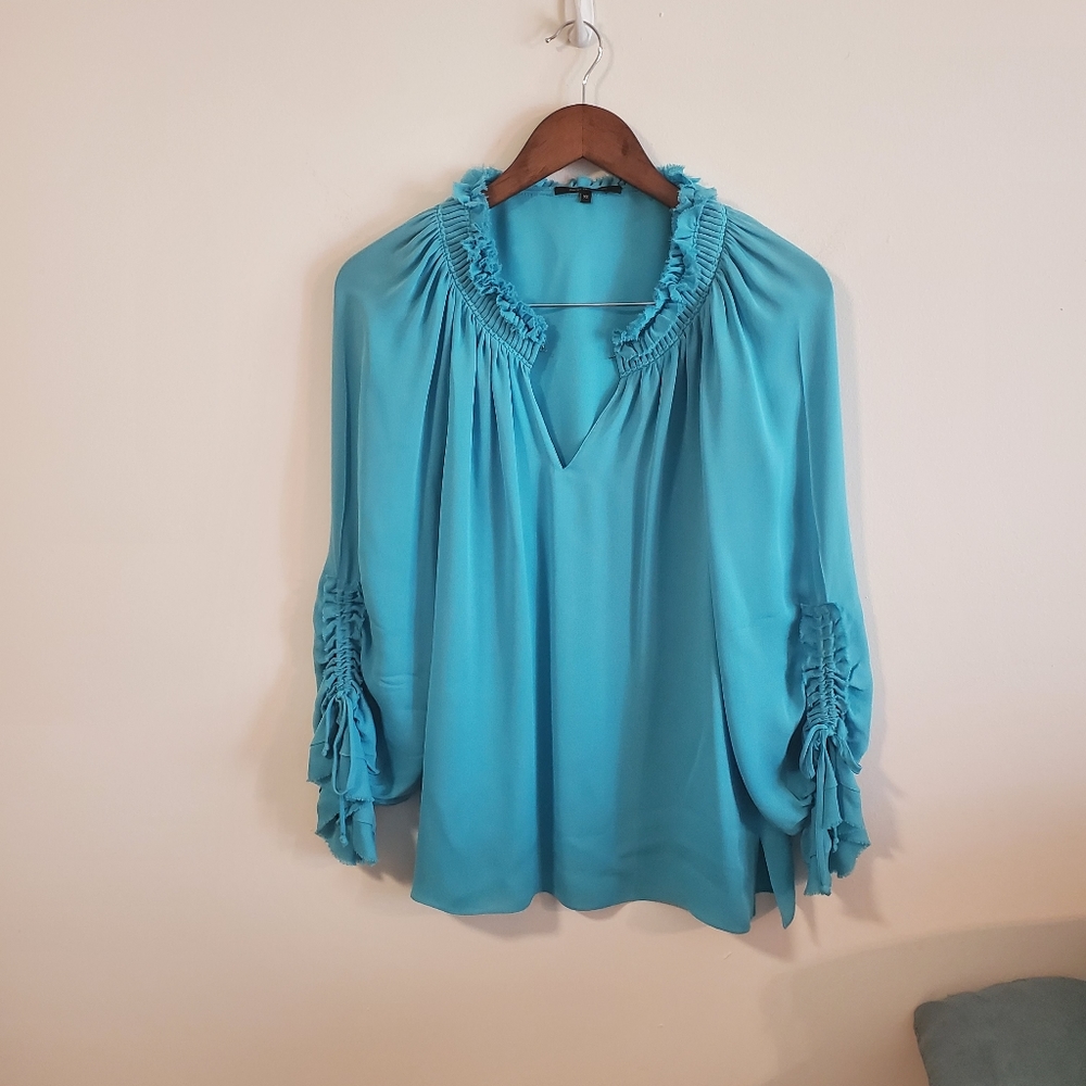 Kobi Halperin 100% silk peasant blouse ruffle neckline teal size XS lightweight